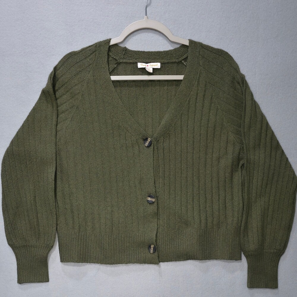 Poof Apparel Olive Green Cropped Cardigan w/ Balloon Sleeves — Size L